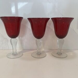 3 Vintage Artland Hand Blown Red Bubble Art Glass Goblet/ Wine Glasses RG1